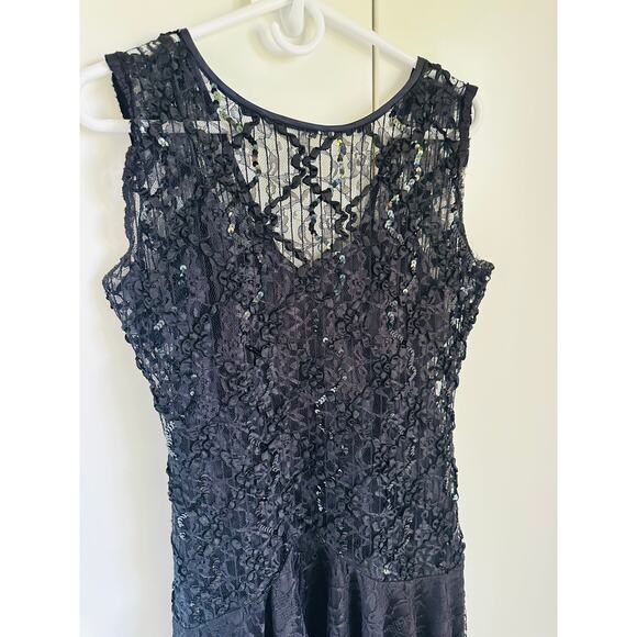 Vintage 80s Formal Party Dress Black Lace Sequin Midi Fit Size Medium Fitted - Picture 9 of 12